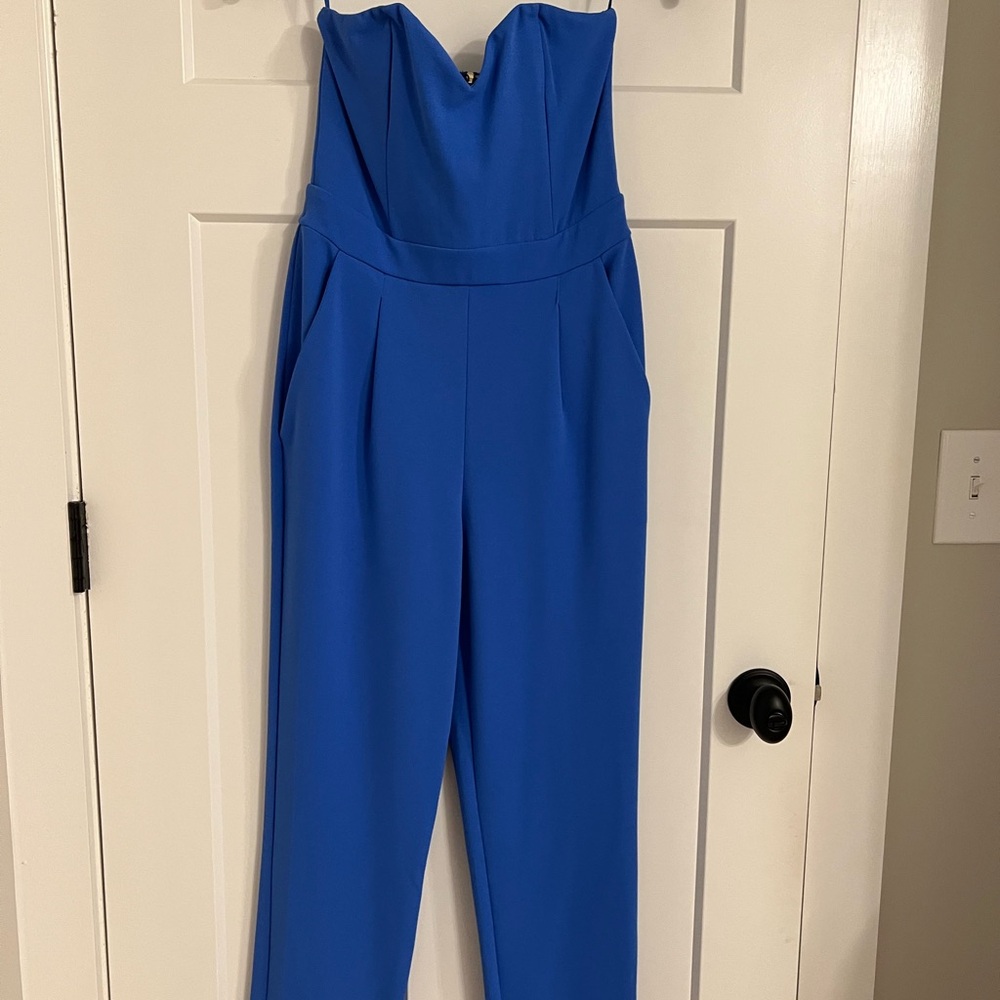 Express Vibrant Blue Strapless Jumpsuit